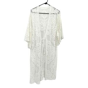 Boho Lace Kimono Cover Up White Sheer Cardigan Etherial Festival Beach Resort OS